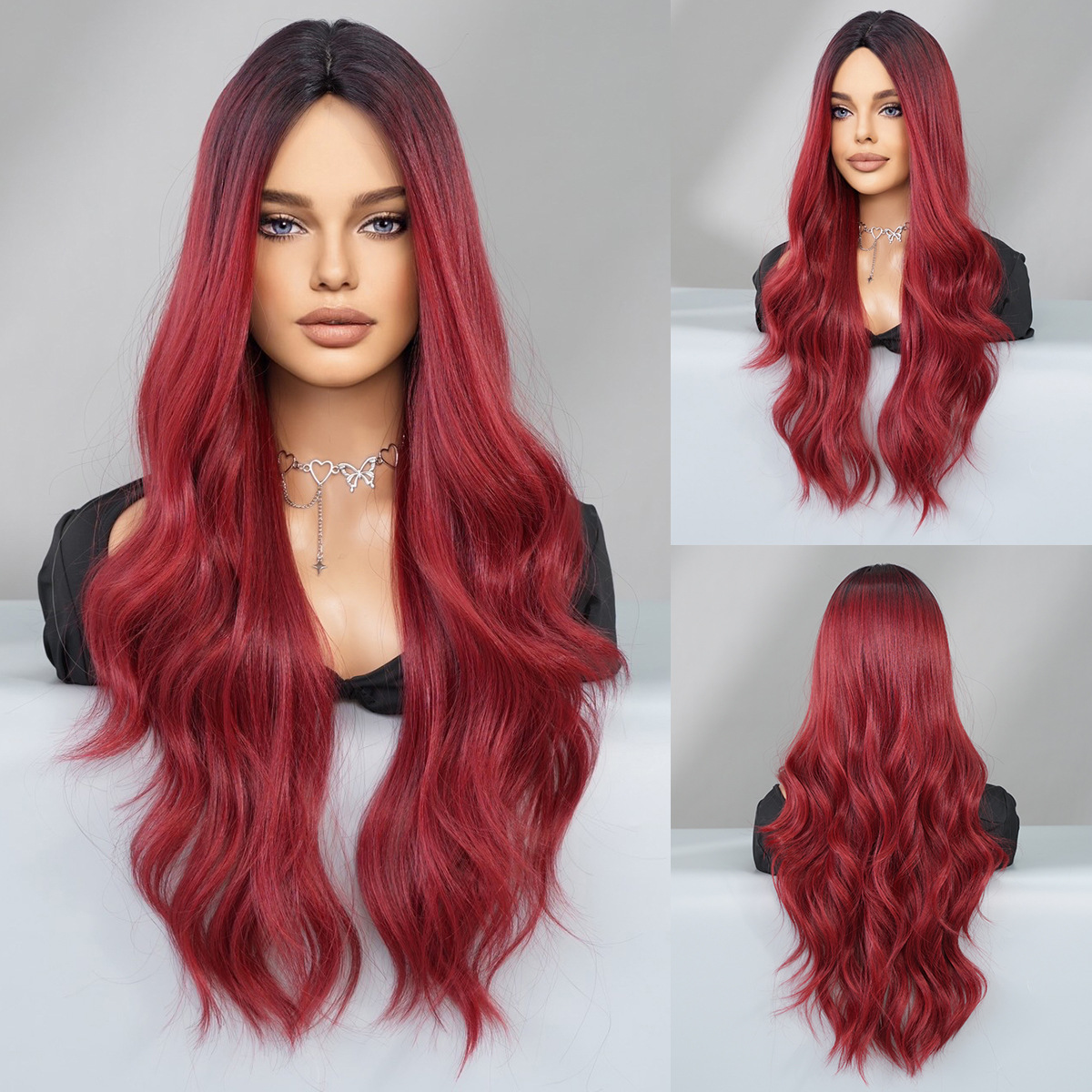 Womens Wig Rose Red Long Curly Hair Big Wave Lady Wig